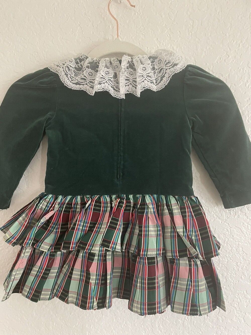 Children’s Vintage Christmas Holiday Dress 2T Velvet Plaid Lace Collar - Picture 6 of 14